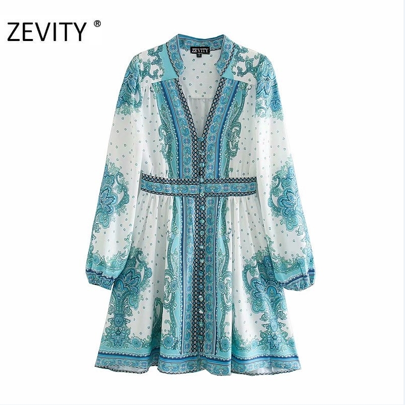 

ZEVITY New women vintage position totem flower print court shirt dress female lantern sleeve casual vestidos chic dresses DS4414, As pic ds4414nn