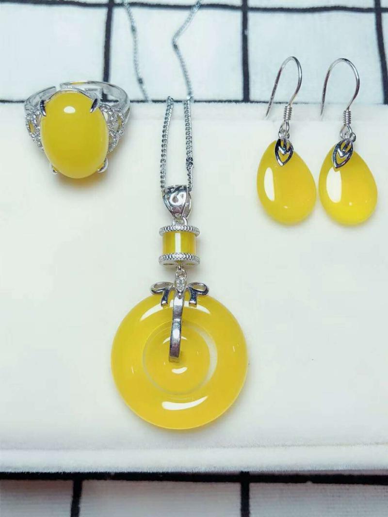 

Bracelet, Earrings & Necklace C29#925 Silver Inlaid Natural Chalcedony Set!, As pic