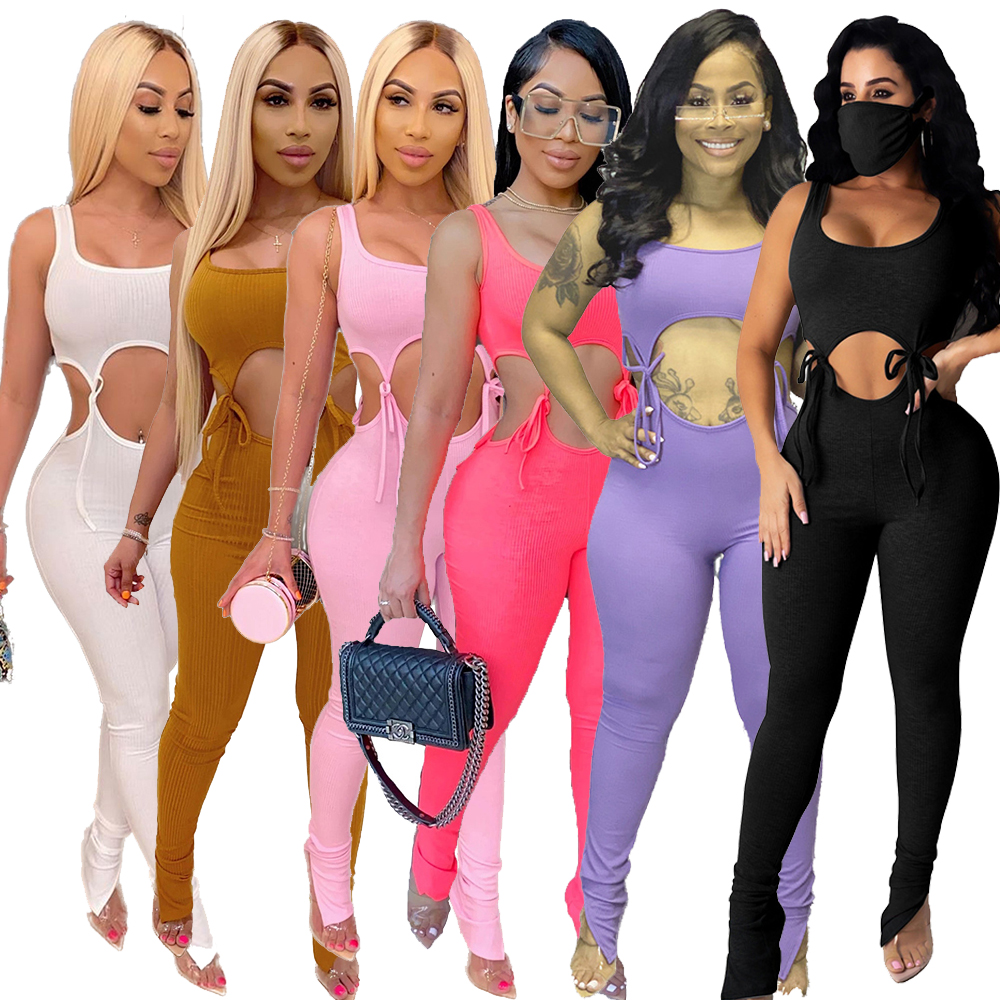 

2021 Summer Women Jumpsuits Rompers Sleeveless Hollow Out Lace Up O-Neck Bodycon Sexy Night Club Party Bandage One Piece Outfits, Brown