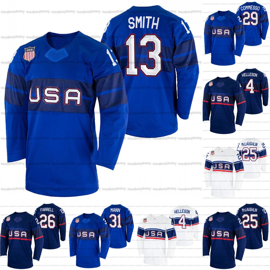 

Custom USA 2022 Winter Hockey Jersey Nathan Smith Ben Meyers Brian O'Neill Marc McLaughlin Drew Helleson Strauss Mann Matty Beniers Brock Faber Perbix Pat Nagle Ness, Blue men s-xxxl