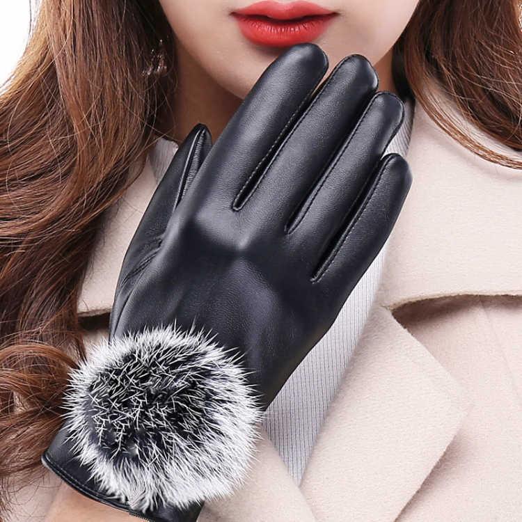 

Five Fingers Gloves Factory Direct PU Driving Hair Balls Warm Winter Ladies Touch Screen Riding Plus Velvet, Blue;gray