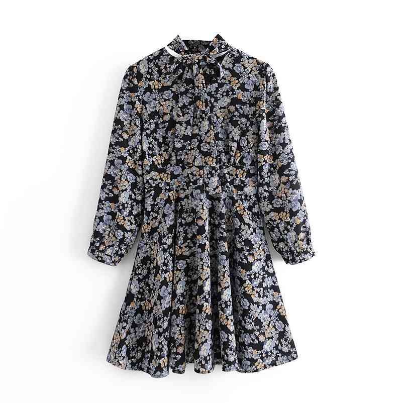 

women printed dress Spring Summer V-neck long sleeve floral ribbon with belt Elegant female chiffon knee length 210524