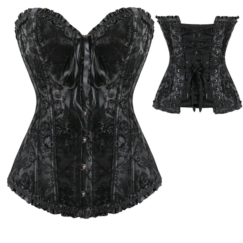 

Woman Bustiers Steampunk Corsets Women Sexy Lace Flocking Jacquard Steel Boned Overbust Bustiers Corset Top Gothic Push Up Victorian Corsele, Black
