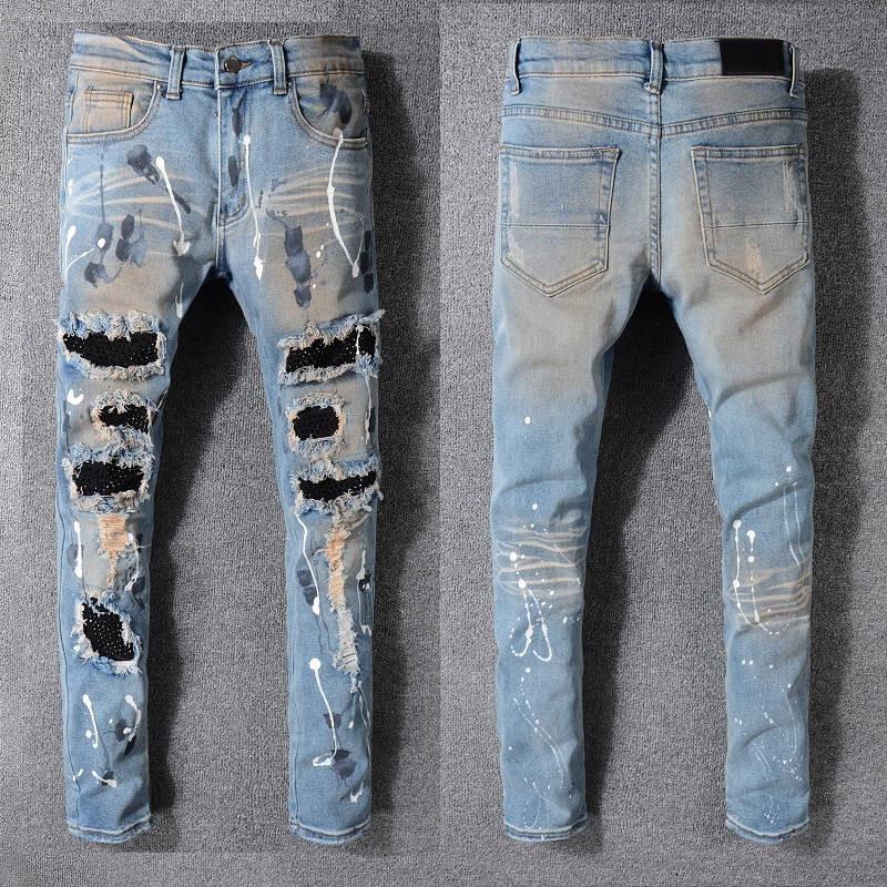 

2021 Top Quality Amiry New Mens Luxury Designer Denim Jeans Holes Trousers Biker Pants #523, Blue