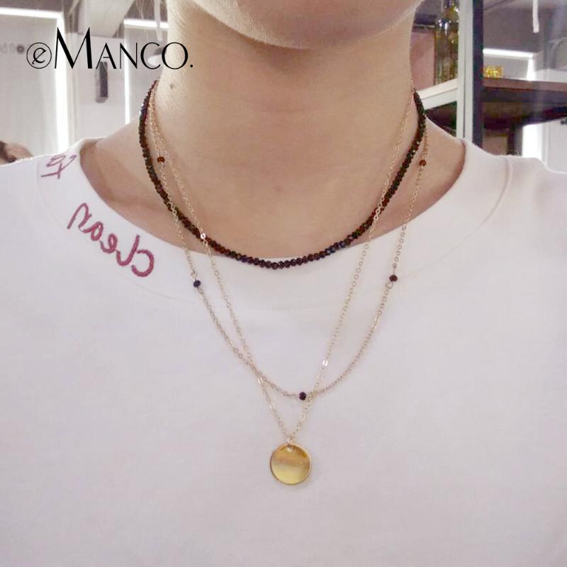 

E-Manco Charming Multilayer Choker Necklace Beaded Chain For Women Copper Gold Color Pendant Fashion Jewelry-2 Chokers