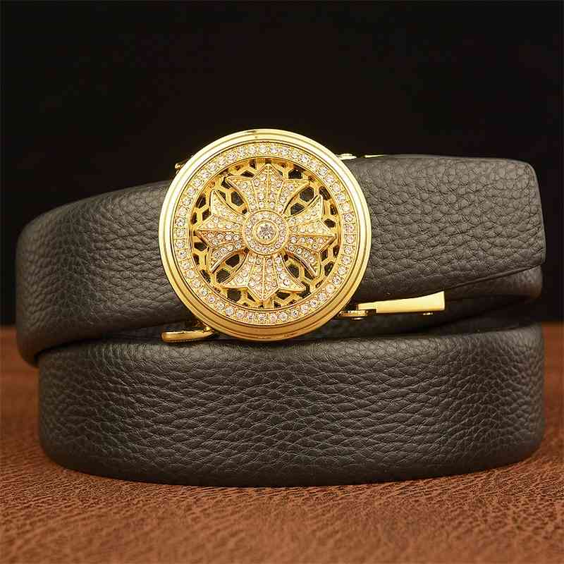 

Diamond inlaid rotary automatic buckle men's top layer cowhide ten to run leisure middle-aged and young trousers belt, Black