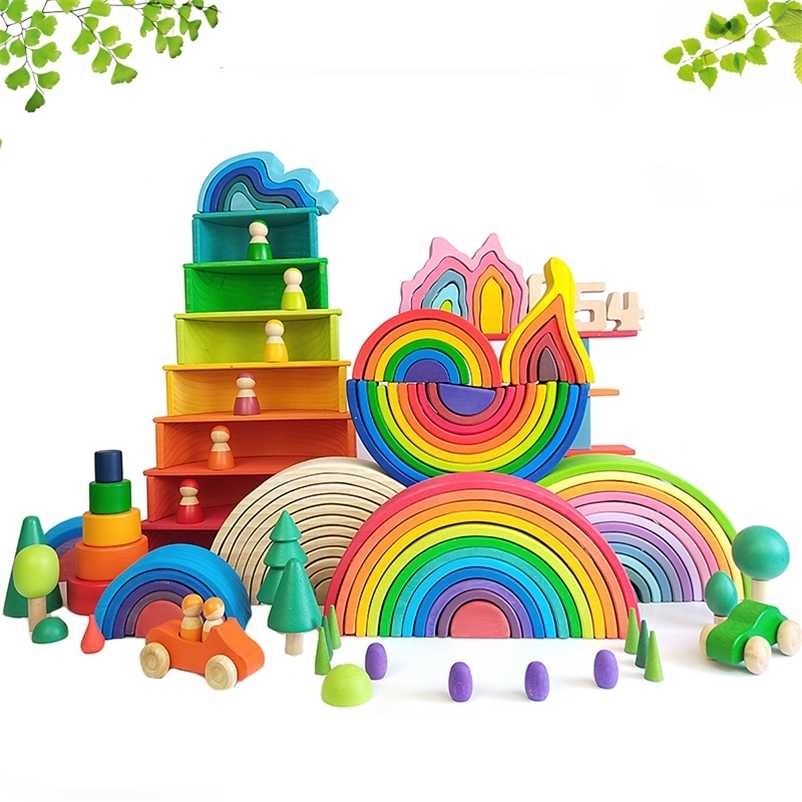 

DIY 3D Wooden Toys Rainbow Building Blocks Rainbow Stacker Large Size Creative Montessori Eonal Toys For Children Kids 220112