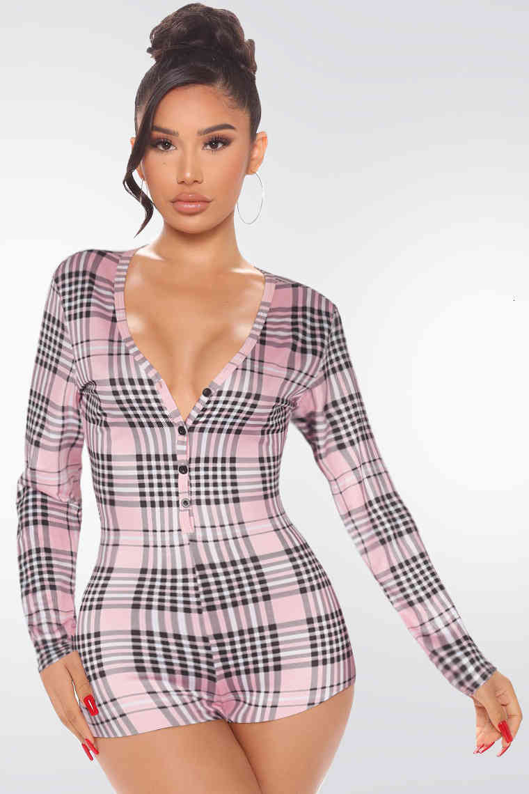 

Womens Long Sleeve Sexy Deep V-neck Plaid Printed Button Tight One-piece Shorts Jumpsuit, Black;white