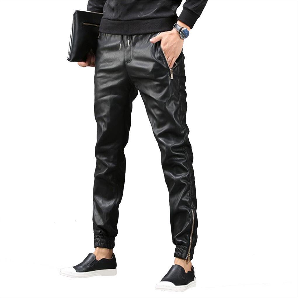 

tsingyi fashion moto elastic waist women pant faux leather joggers zipper pockets black streetwear slim pencil clothing