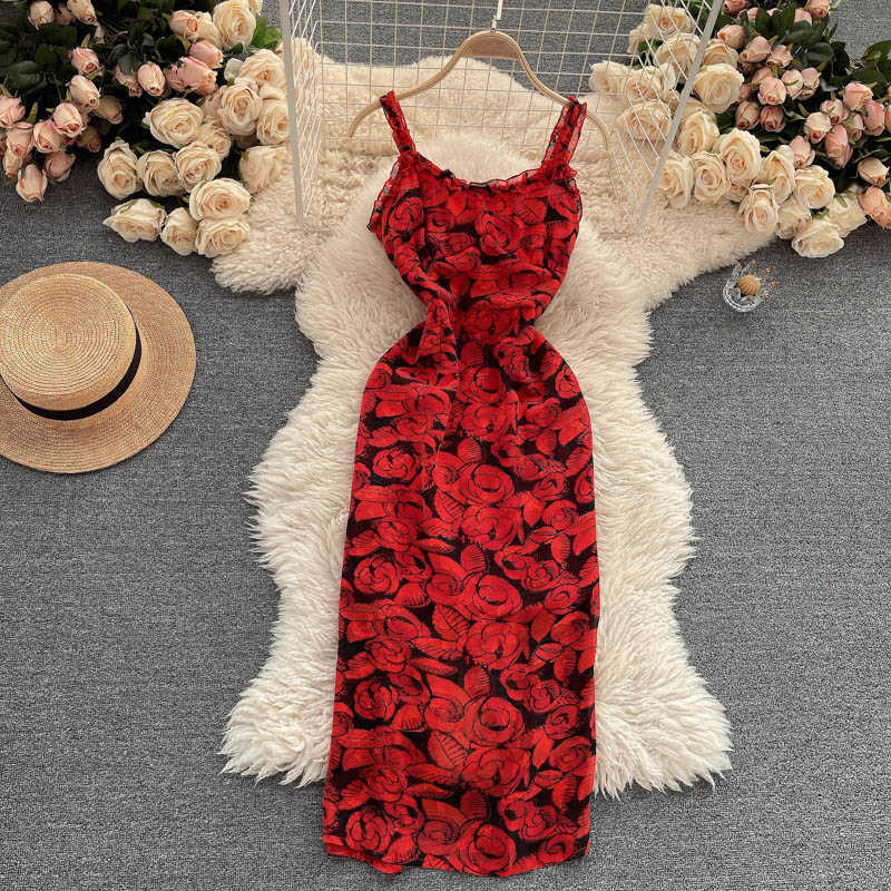 

Sexy Floral Printed Spaghetti Strap Dress Women Elegant Red Ruffle High Waist Bodycon Vestidos Ladies Beach Party 2021 New Robe Y0603