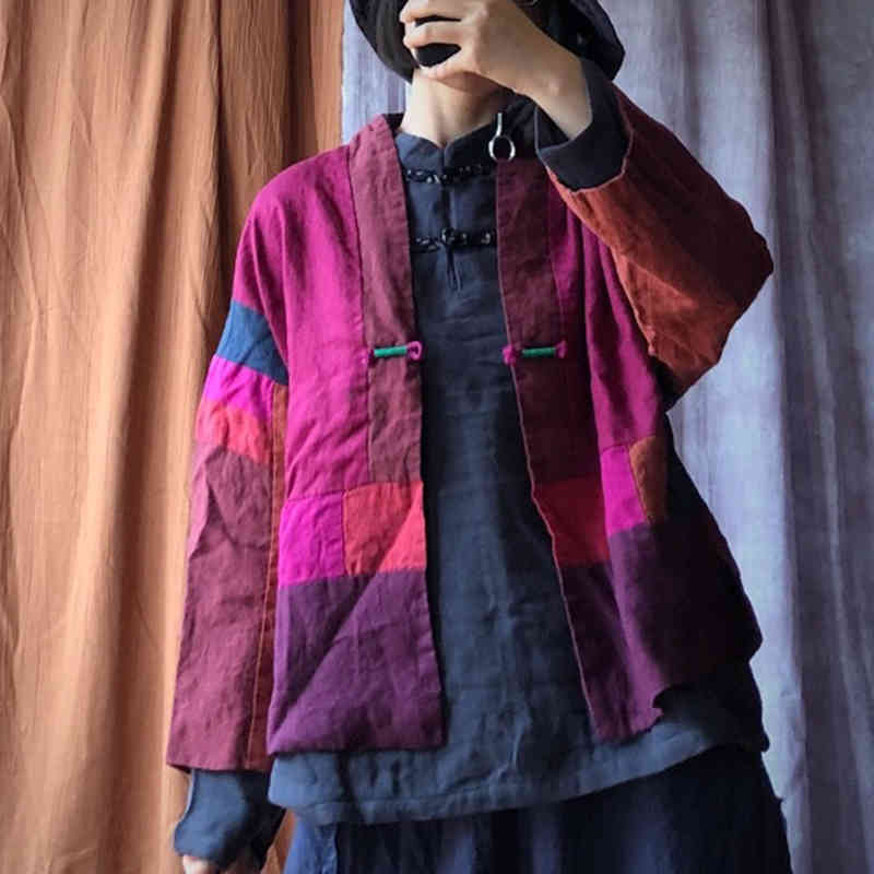 

Johnature Women Patchwork Jackets Autumn V-Neck Linen Women Vintage Jackets Loose Chinese Style Casual All-match Coats 210521, Multi