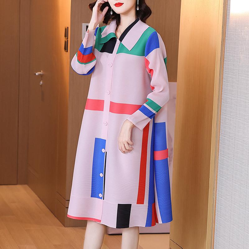 

Women's Trench Coats Fashion Miyake Folds Early Autumn Temperament Small Long-Sleeved Shirt Dress Mom Slim Plus Size Clothing 2021