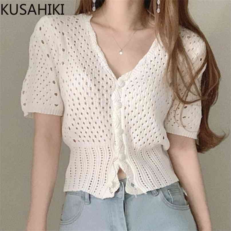 

Elegant V-neck Puff Sleeve Hollow-out Knitwear Summer Women Jumpers Slim Crop Top Knitted Cardigans 6H982 210603, White