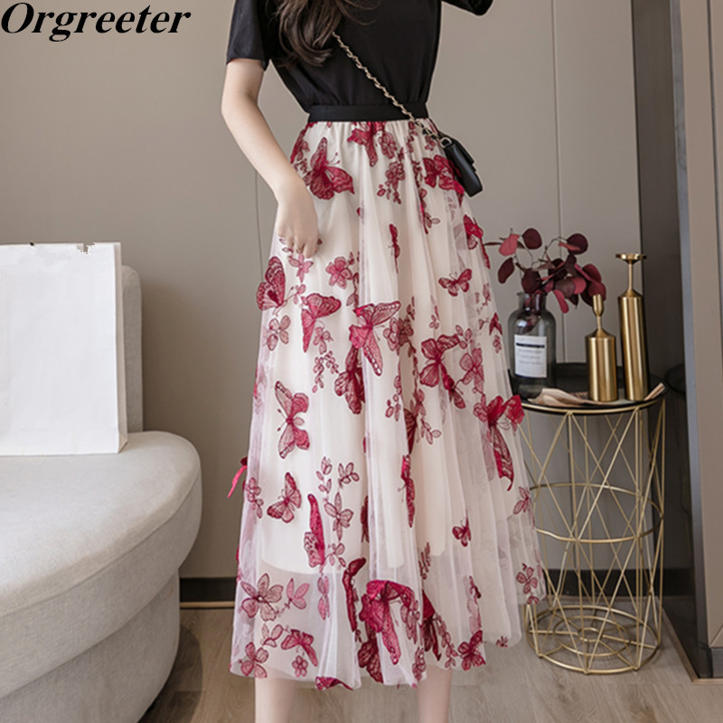 

Summer All-match Mesh Skirts High Quality 3D Butterfly Embroidery Flowers Elastic Waist A-line Long Women 210525, Red