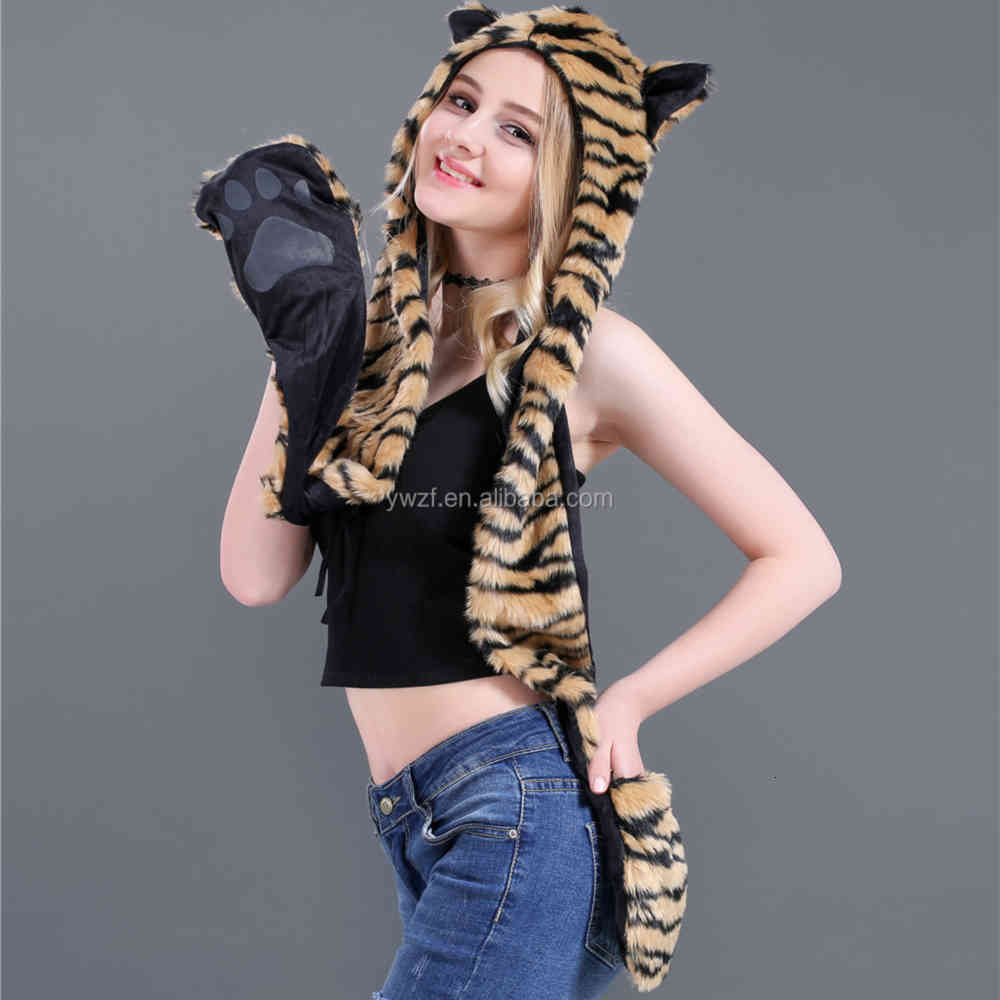 

Tiger Dign Faux Fur Spirit Hood With Cap Hooded Scarf glov hat set