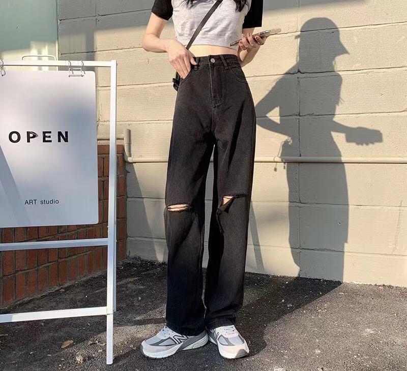 

Women' Jeans Harajuku Summer Retro High Waist Ripped Straight Casual Pants Chic Wide Legs Hip Hop Mop Street Women, Dark grey
