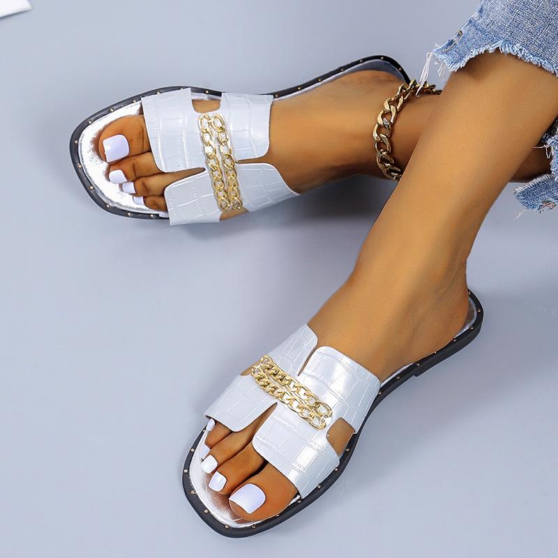 

Slippers 2022 Women Classic Designer Flat Flip Flops Chain Sandal Outdoor Casual Comfort Lady Flats Shoes, Gold
