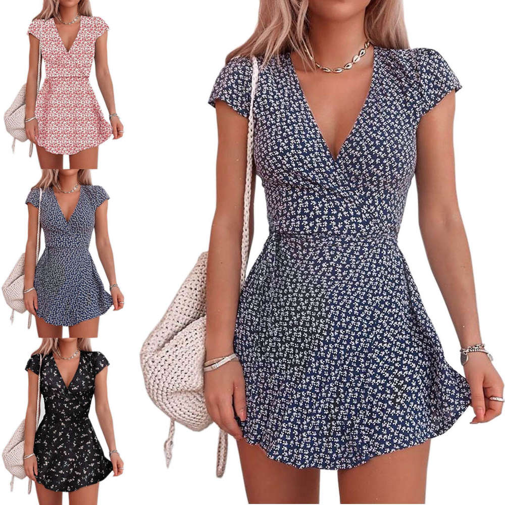 

Summer women's floral short skirt mini Short Sleeve Dress, Black;gray
