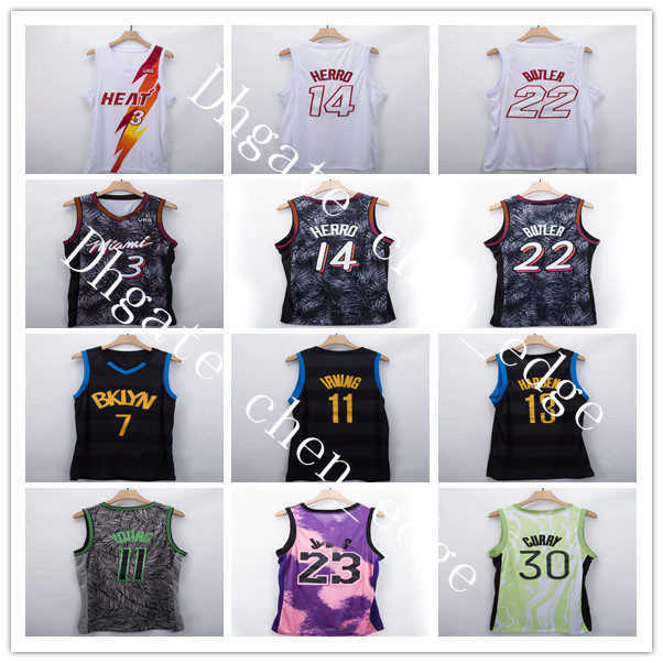 

2021 Stitched Basketball Tyler 14 Herro Stephen 30 Curry Kevin 7 Durant Jimmy 22 Butler Irving 11 Kyrie 3 Wade Young James Jerseys, Black;red