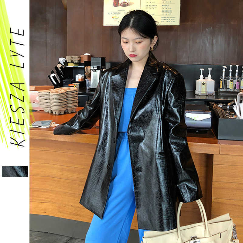 

Faux Leather Jacket Women Spring Loose Black PU Blazer Coat Chic Streetwear Fashion Outwear 210608