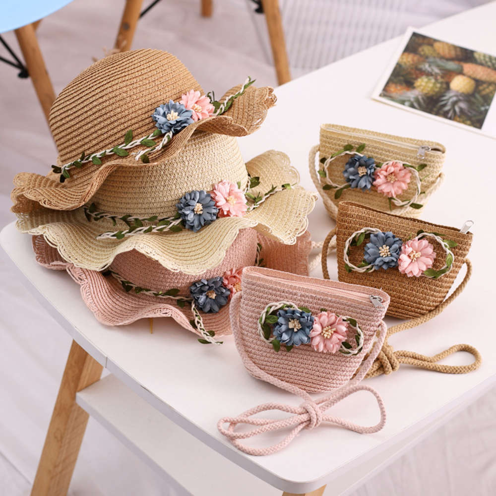 

Sun hat for children Willow leaf double flower children's summer straw outdoor sunshade hat sunscreen cap mz9168, Yellow