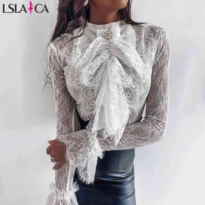 

Fashion womens clothing long sleeve slim shirts lace white blouse elegant casual party see through top sexy shirt 210520