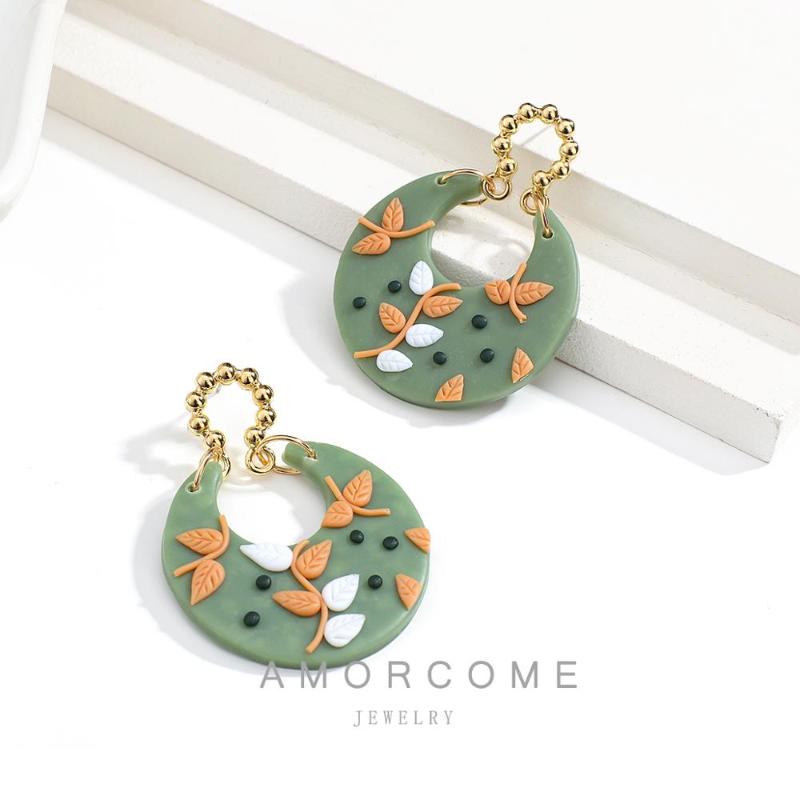 

Dangle & Chandelier AMORCOME 2021 Round Green Polymer Clay Earrings Yellow Leaf Branch Geometric Statement Christmas For Women, Silver