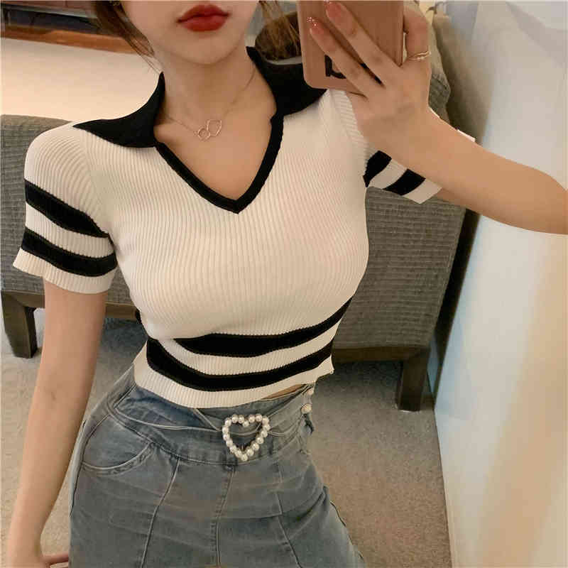 

Lucyever Summer Sexy Elastic Striped Knitted Shirt Women Fashion Slim Short Sleeve V-neck T-Shirt Wild Solid Chic Ladies Tops 210521, Black