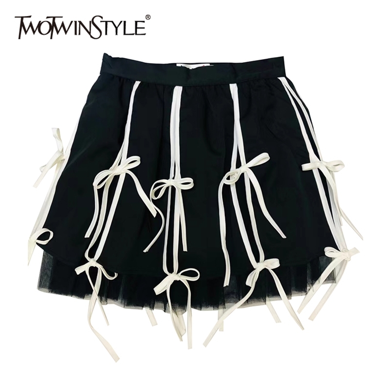 

Elegant Bowknot Skirt For Women High Waist A Line Patchwork Mesh Mini Loose Skirts Female Summer Fashion 210521, White
