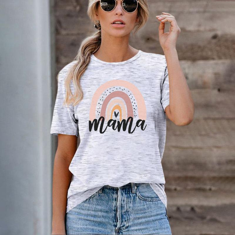 

Women' T-Shirt Rainbow MAMA Letter Print T Shirt Women Short Sleeve O Neck Loose Tshirt 2021 Summer Tee Tops Camisetas Mujer, Pink