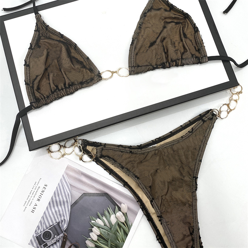 

Ladies Two Pieces Bandage Swimwear Letter Net Yarn Swimsuit Chain Backless Triangle Bikinis Summer Swimming Beach Bathing Suit, Brown