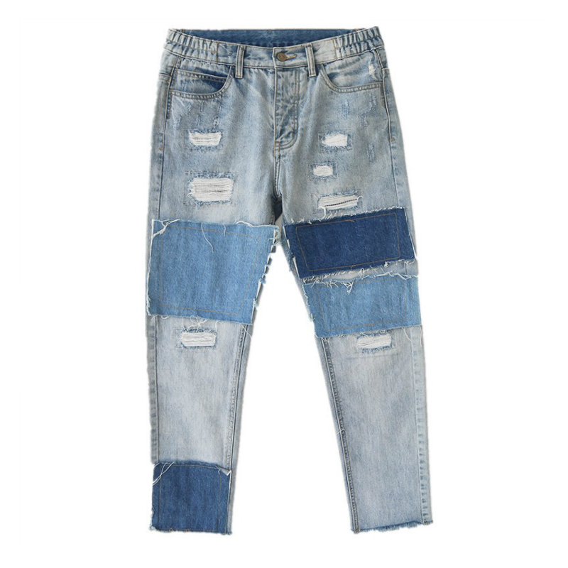 

Washed Blue Patchwork Denim Jeans Distressed Biker Pants