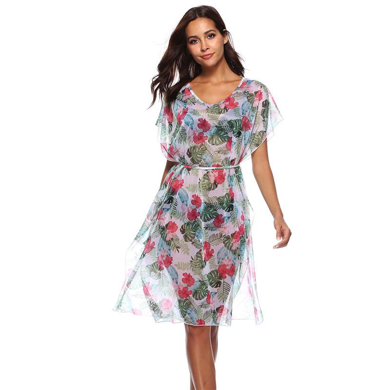 Floral Imprimé Femmes Boho Beachwear Blouses Mode À Manches Courtes Bandage Lâche Casual Split Longue Chemise Blouse Femme Tops Chemises Femmes