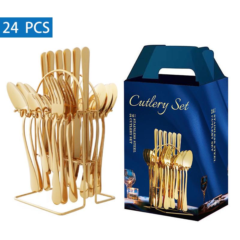 

Dinnerware Sets 24 Pcs Gift Box Gold Stainless Steel Set With Storage Rack Luxury Western Tableware Golden Glossy Knife Fork Spoon