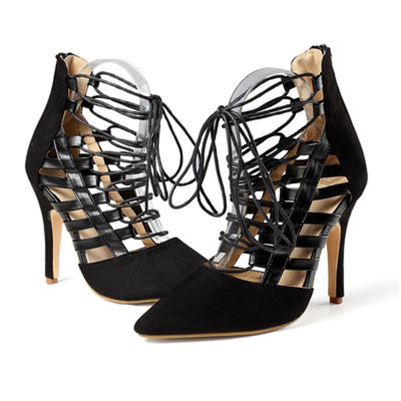 

Dress Shoes Drop Sexy Pointed Toe Strappy Ankle Sandal Beige Cut Out Lace Up High Heel Women Banquet Heels Stiletto Booties De, Black