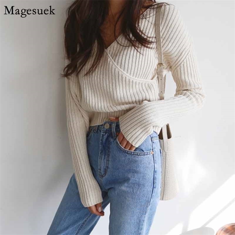 

V-neck Thicken Korean Cross-Shoulder Casual Pullover Sweater Stripe Knitted s Autumn and Winter Women 10527 210518, Creamy-white