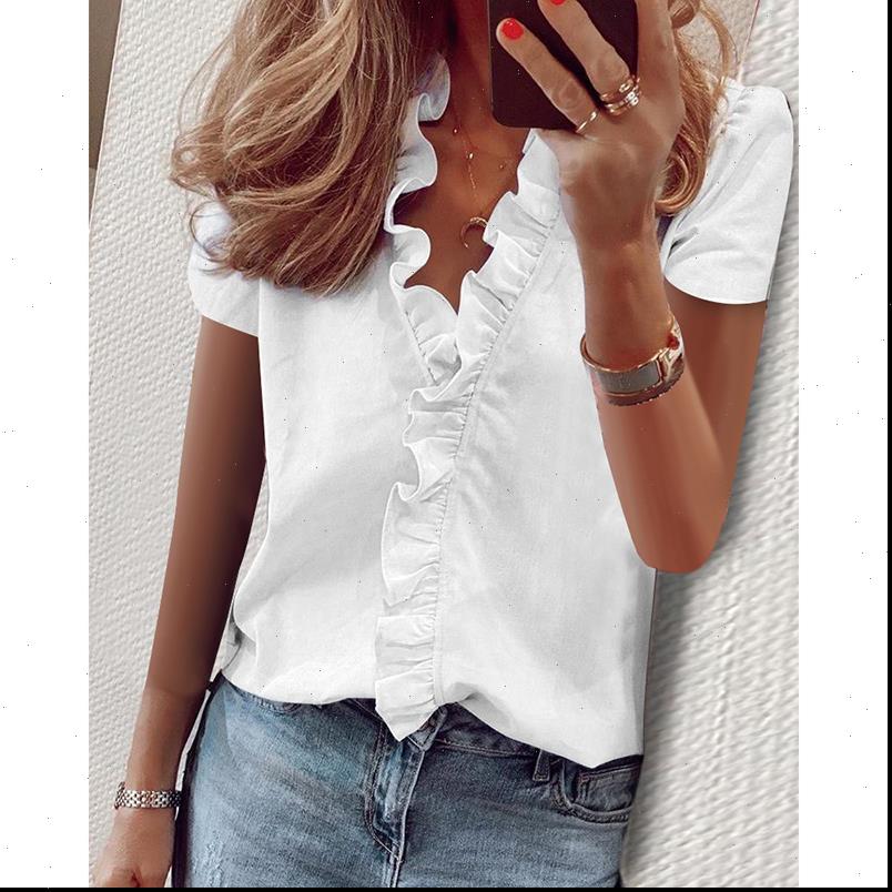 

plus size s 3xl womens shirts elegant ruffles solid v neck short sleeve blouse ladies summer harajuku casual slim, White
