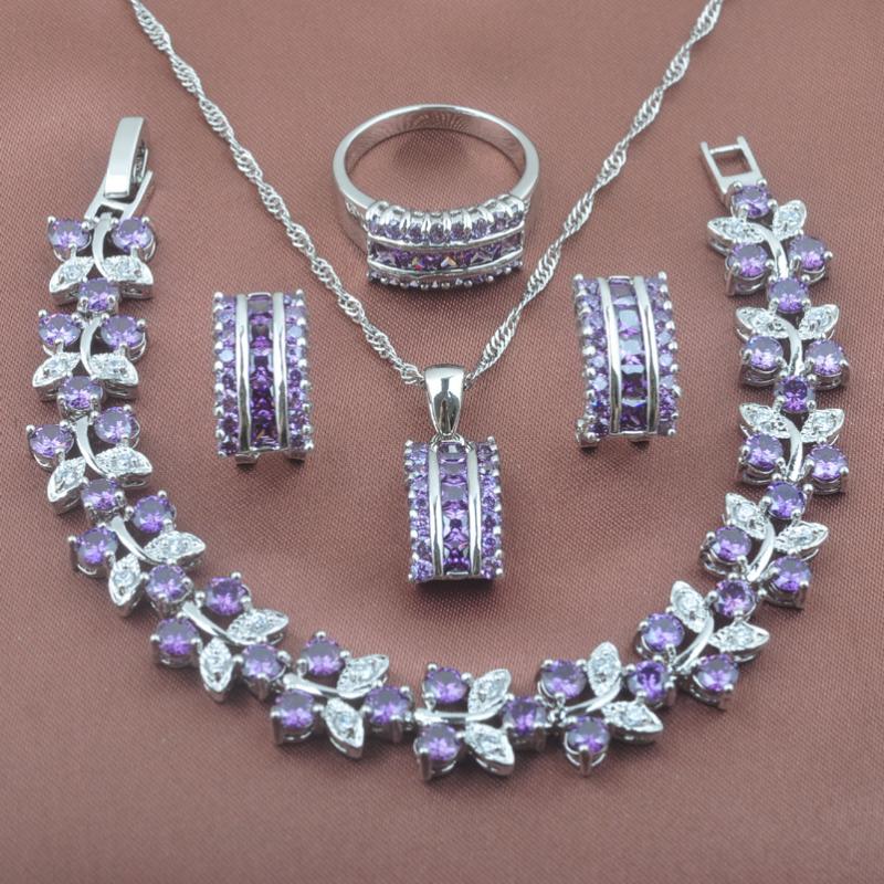

Earrings & Necklace Natural Purple Crystal Jewelry Set For Women Silver Color Earring Pendant Ring Bracelet 2021 YZ0143