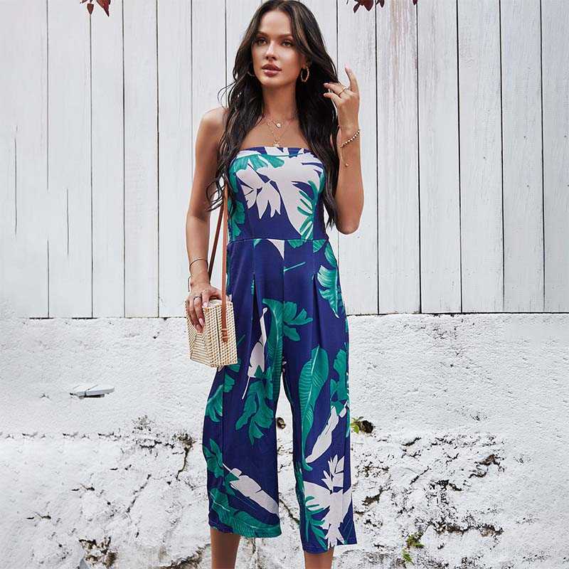 

Slash Neck Sleeveless Floral Printed Backless Wide Leg Pants Jumpsuit Women Sexy Wrapped Commute Casual Overalls Rompers 210604, Green