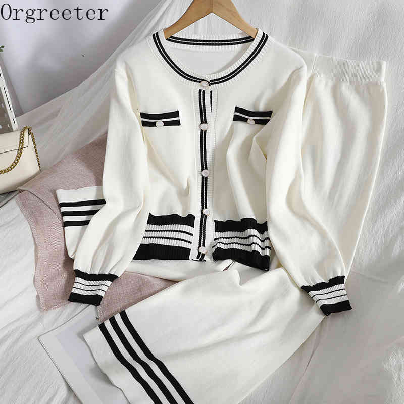 

Spring Knitted Tracksuits Korean Style Button Cardigan Top + Wide Leg Pants Contrast Color Striped Two-piece Set Women 210525, Black