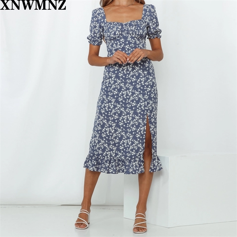 

Autumn Blue Floral Print dress women Vintage Split vestidos Fashion Short Puff Sleeve Ruffled hem dresses drop 210520