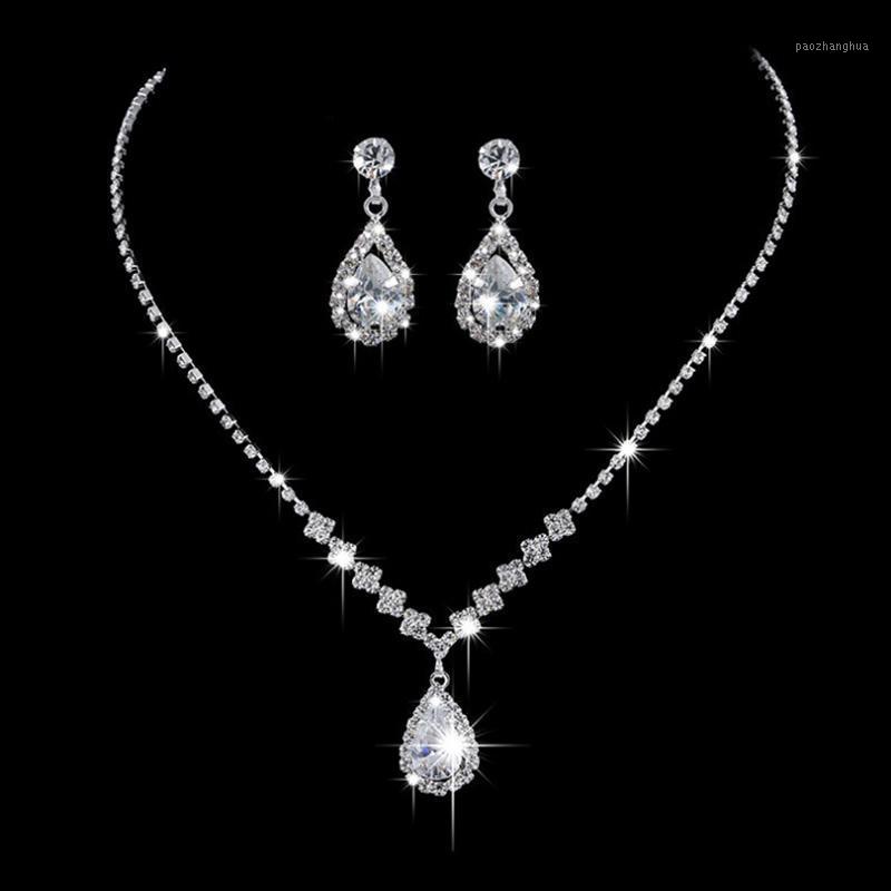 

Earrings & Necklace Rhinestone Waterdrop Wedding Jewelry Set Crystal Drop Earring Pendant Bridal Bridesmaid Elegant Sets, Silver