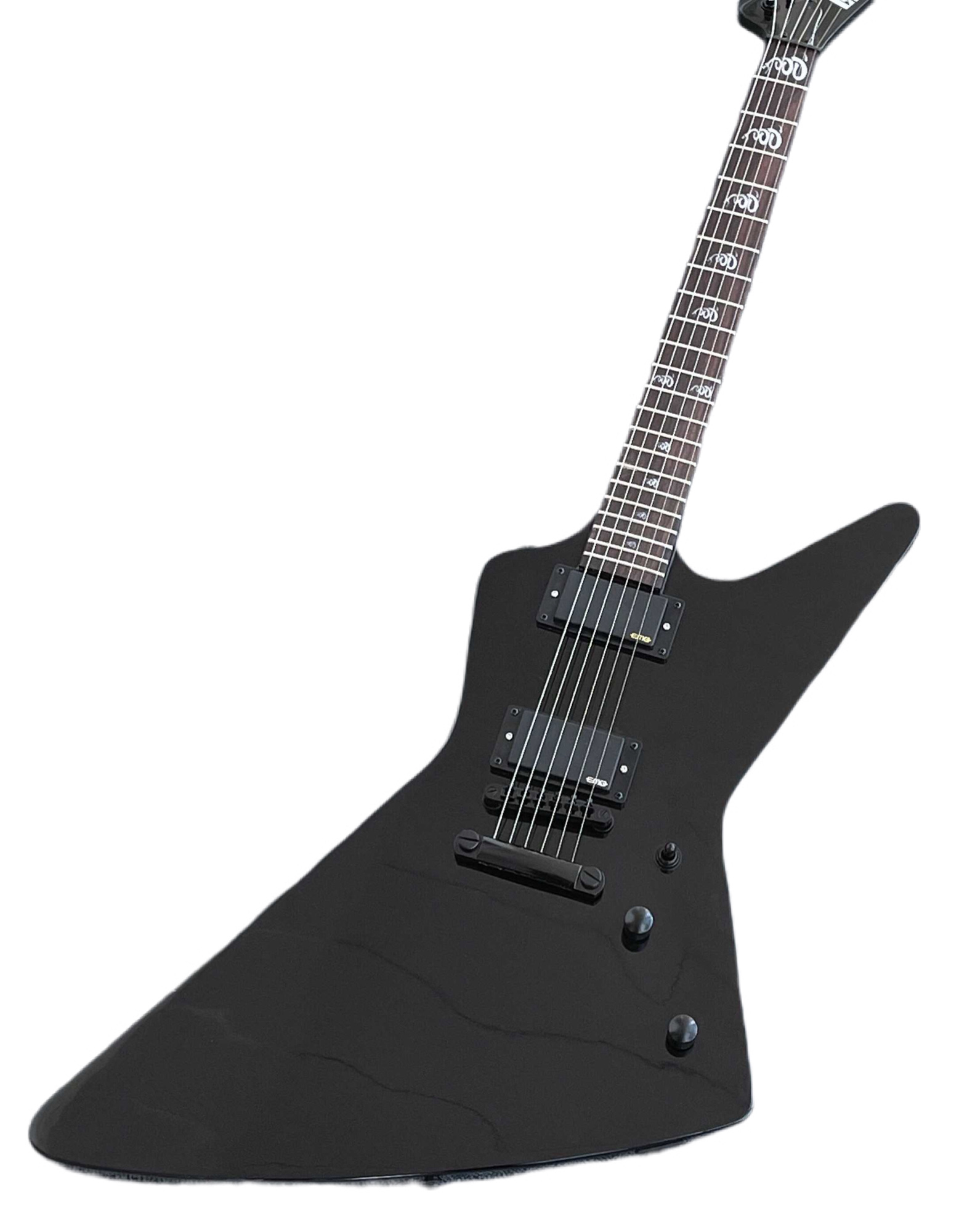 

Promotion Metallic James Hetfield Gloss Black Explorer Electric Guitar China EMG Pickups & 9V Battery Box, Snake Inlay, BlackHardware