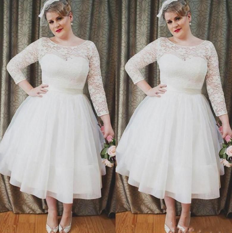 

Vintage Plus Size Wedding Dresses Bridal Gown Lace with 3/4 Long Sleeves Ribbon Tulle A Line Tea Length Scoop Neck Custom Made vestidos de novia, Orange