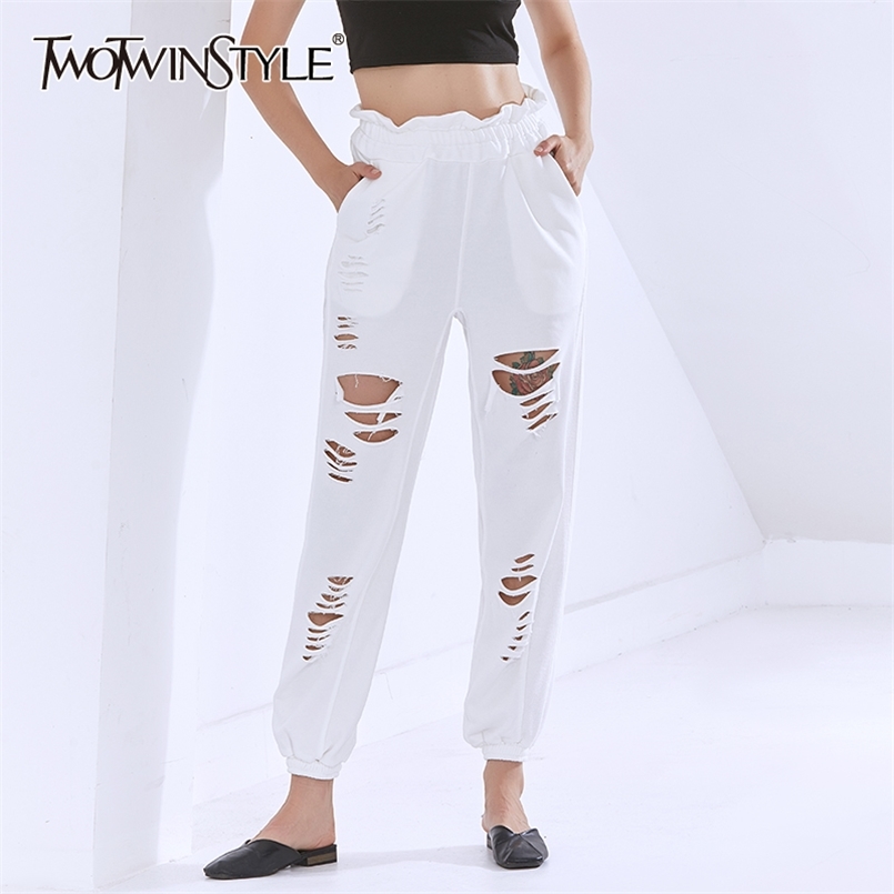 

White Patchwork Tassel Pant For Women High Waist Hollow Out Hole Casual Streetwear Trouser Female Clothing 210521, Gray