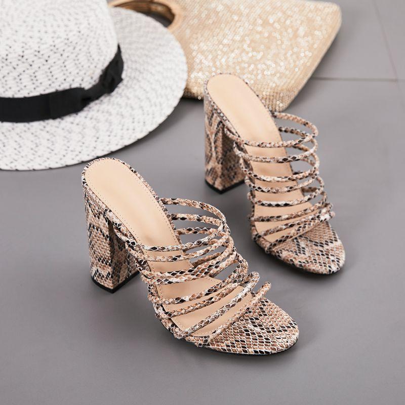 

Sandals Woman Chunky Heels Big Size Patent Leather Snake Print Women Open Toed Block Heel Pumps Hollow Height Increasing, Serpentine