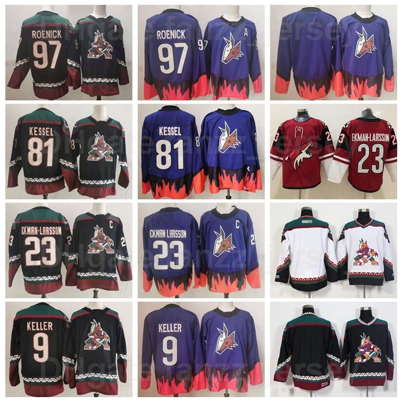 

Arizona Coyotes Ice Hockey 81 Phil Kessel Jersey Reverse Retro 23 Oliver Ekman-Larsson 97 Jeremy Roenick 9 Clayton Keller Vintage Stitched H, Black;red
