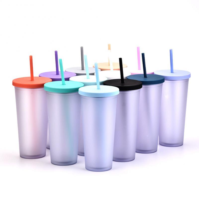 

Mugs 700ML Plastic Straw Cup Frosted Water Bottle With Straws Lid Reusable Drinkware Coffee Drinking Christmas Gifts