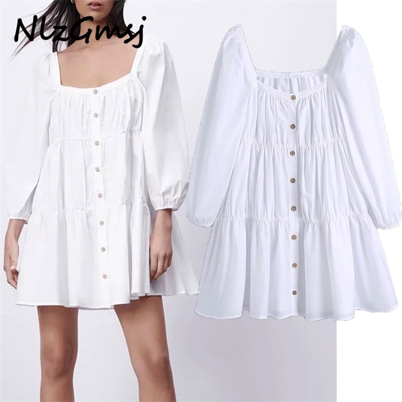 

Dres Poplin Short es Casual Puff Sleeve Mini Female Ruffle Summer 03 210628, As picture