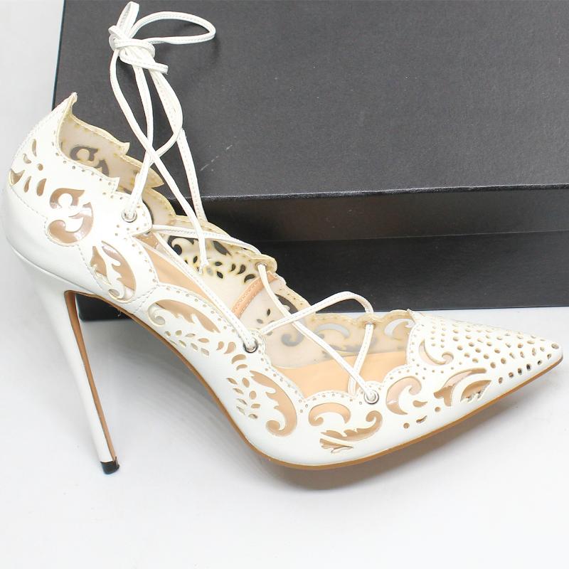 

Dress Shoes 2021 Sexy White Black Mesh Pumps Female Pointed Toe High Heel Lace Up Cross-tied Stiletto Hollow C007B, 8.5cm heel height
